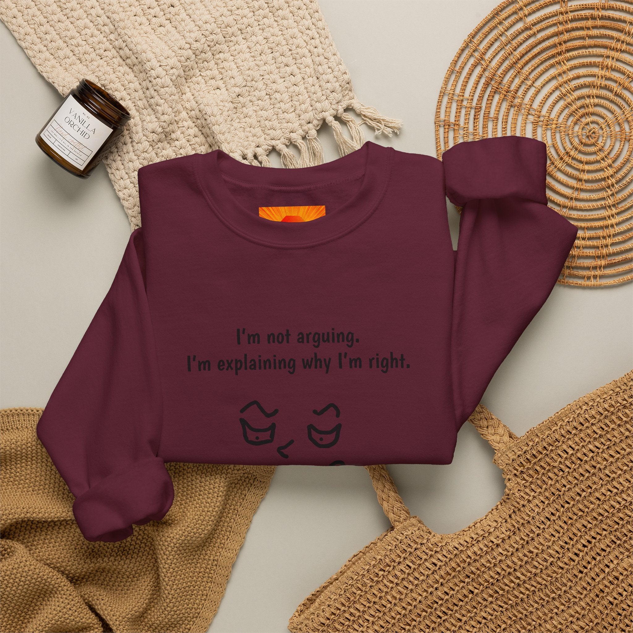 Crewneck Sweatshirt – "I'm not arguing. I'm explaining why I'm right." Minimal Face Graphic