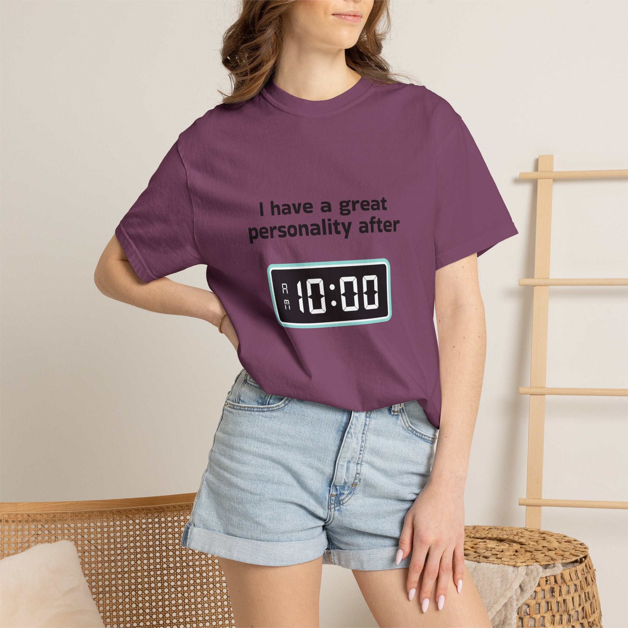 T-Shirt — "I Have a Great Personality After 10:00" Funny Morning Alarm Tee