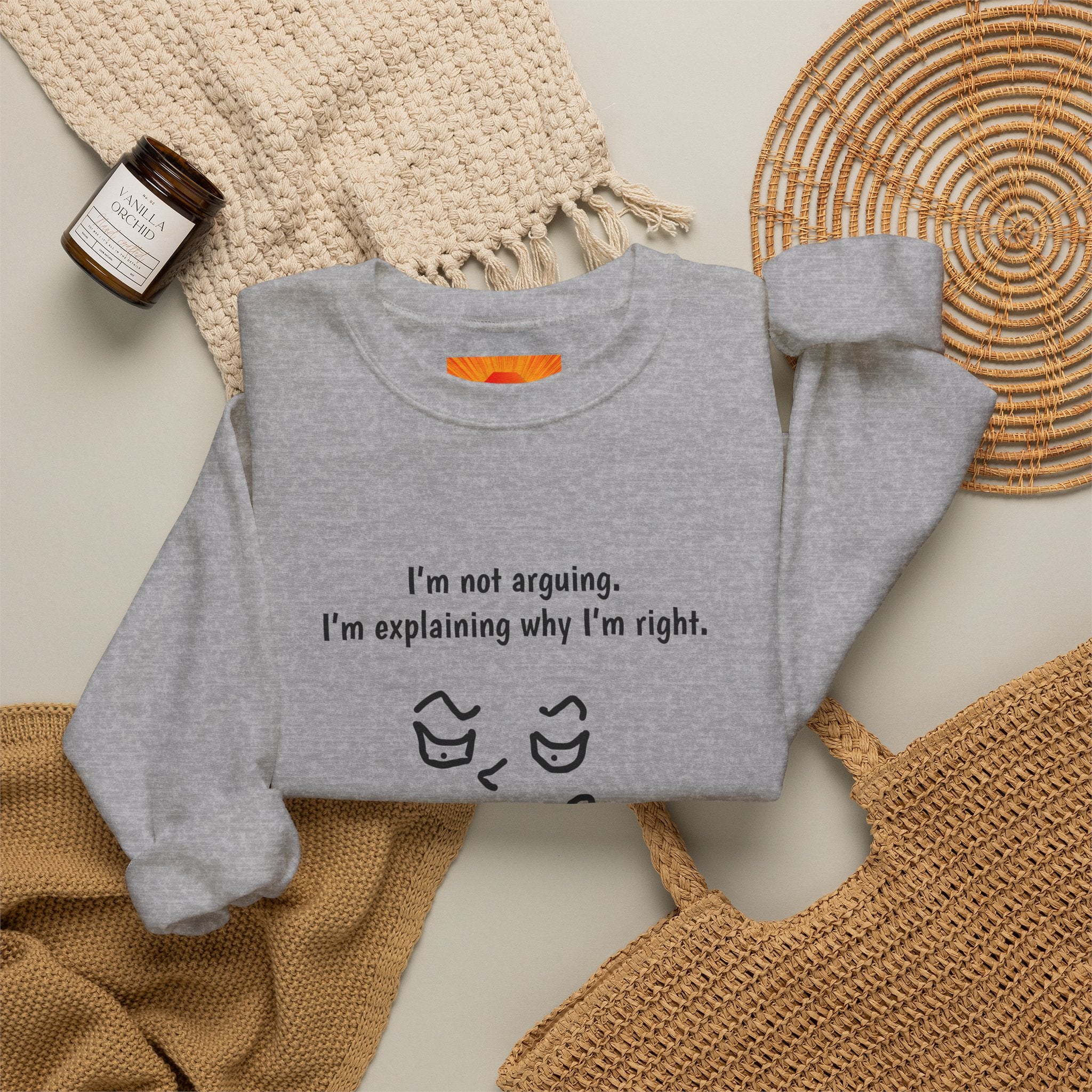 Crewneck Sweatshirt – "I'm not arguing. I'm explaining why I'm right." Minimal Face Graphic