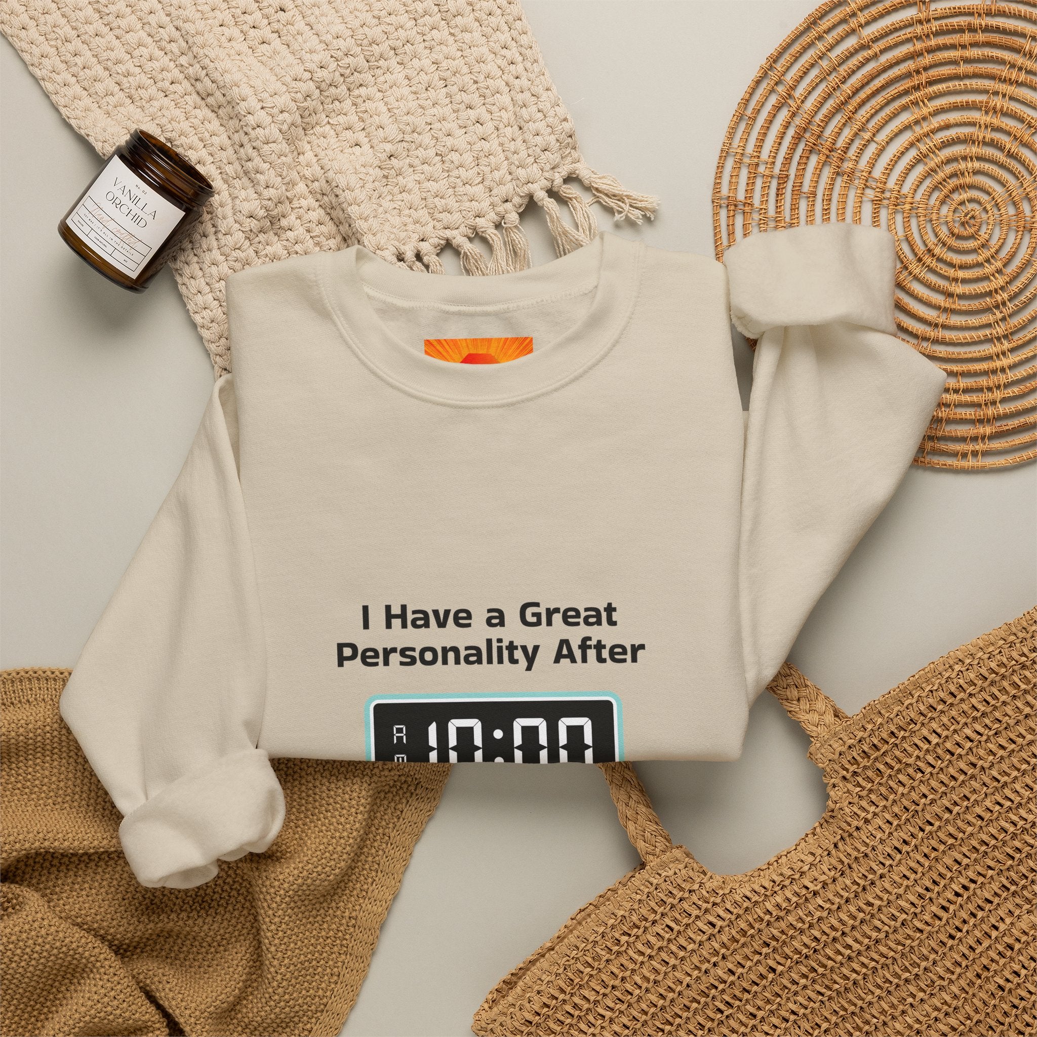 Crewneck Sweatshirt — “I Have a Great Personality After 10:00” Alarm Clock Graphic