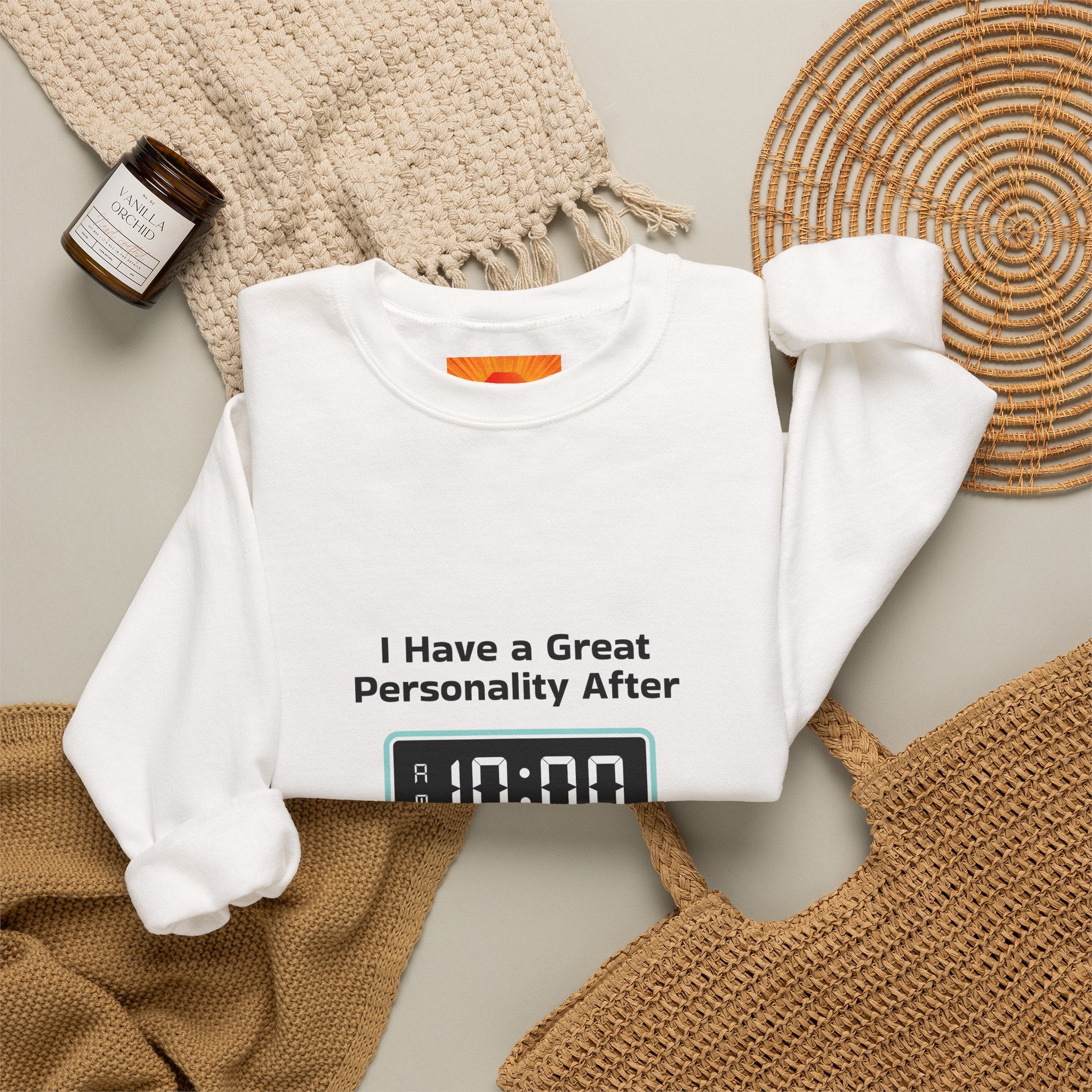Crewneck Sweatshirt — “I Have a Great Personality After 10:00” Alarm Clock Graphic