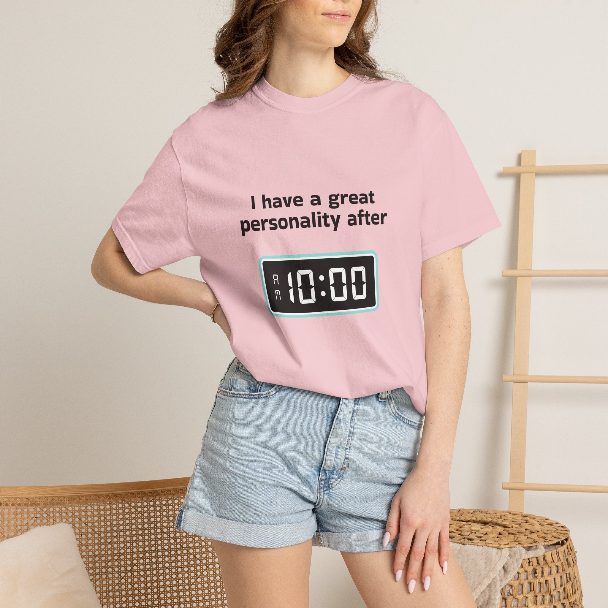 T-Shirt — "I Have a Great Personality After 10:00" Funny Morning Alarm Tee