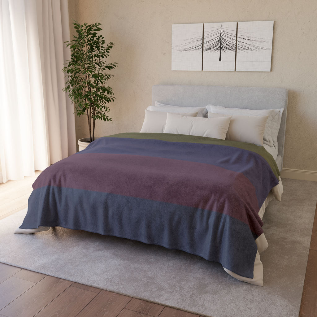 Striped Cozy Throw Blanket — Olive, Navy & Burgundy Plush Polyester