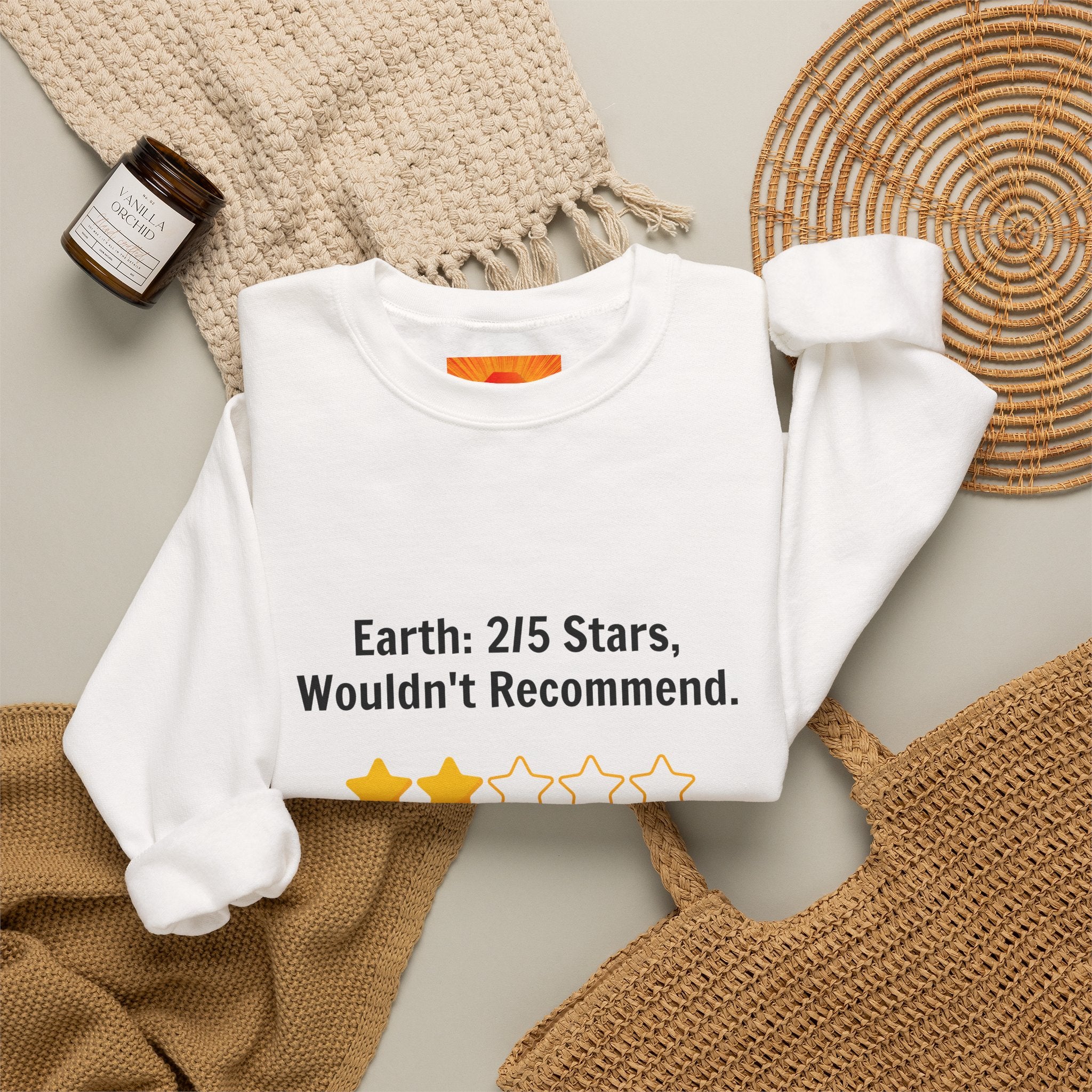 Crewneck Sweatshirt — "Earth: 2/5 Stars, Wouldn't Recommend" Funny Rating Graphic