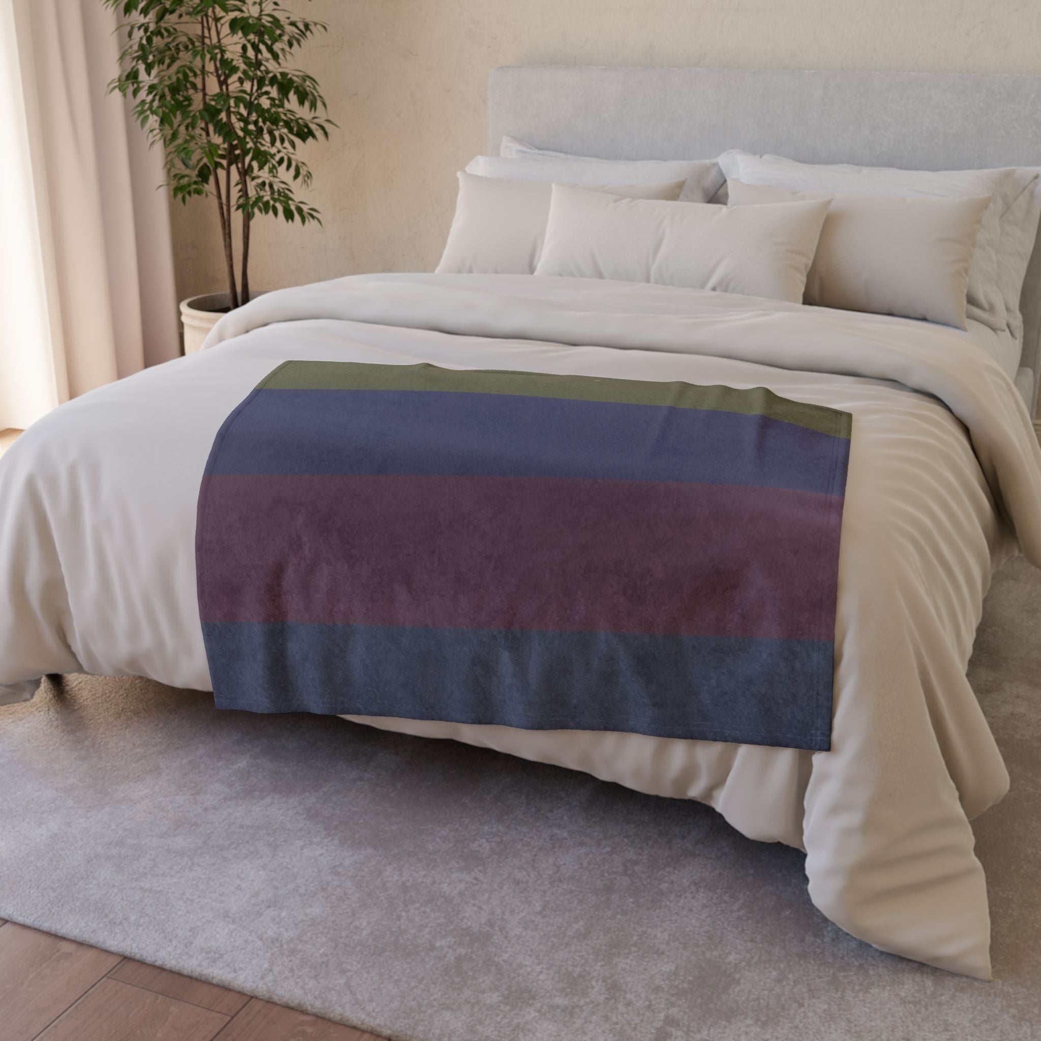 Striped Cozy Throw Blanket — Olive, Navy & Burgundy Plush Polyester