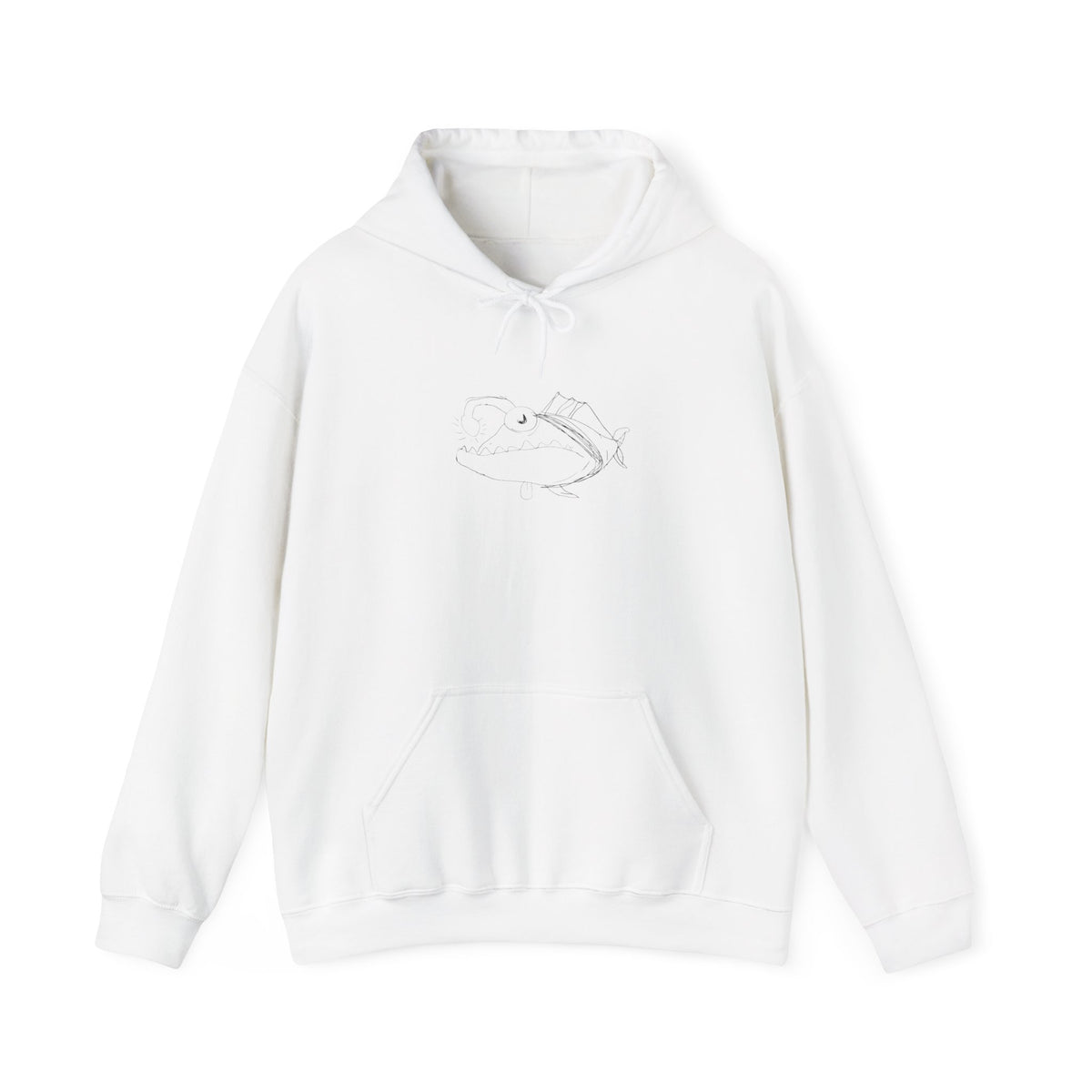Minimal White Hoodie with Angler Fish Sketch - Cozy Casual Pullover