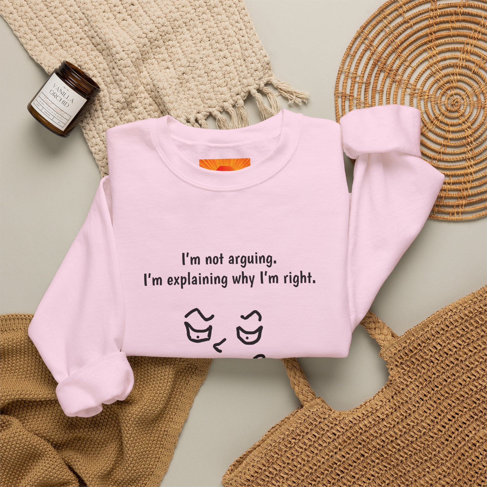 Crewneck Sweatshirt – "I'm not arguing. I'm explaining why I'm right." Minimal Face Graphic