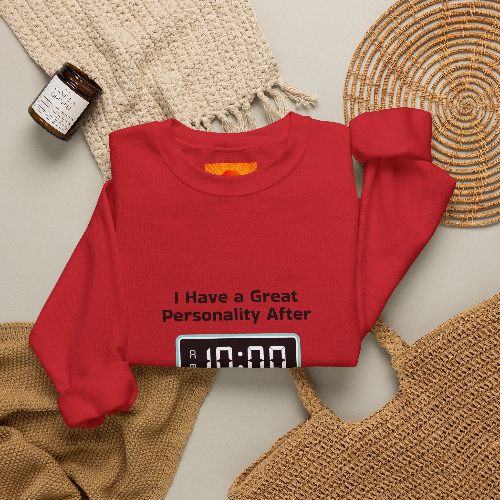 Crewneck Sweatshirt — “I Have a Great Personality After 10:00” Alarm Clock Graphic
