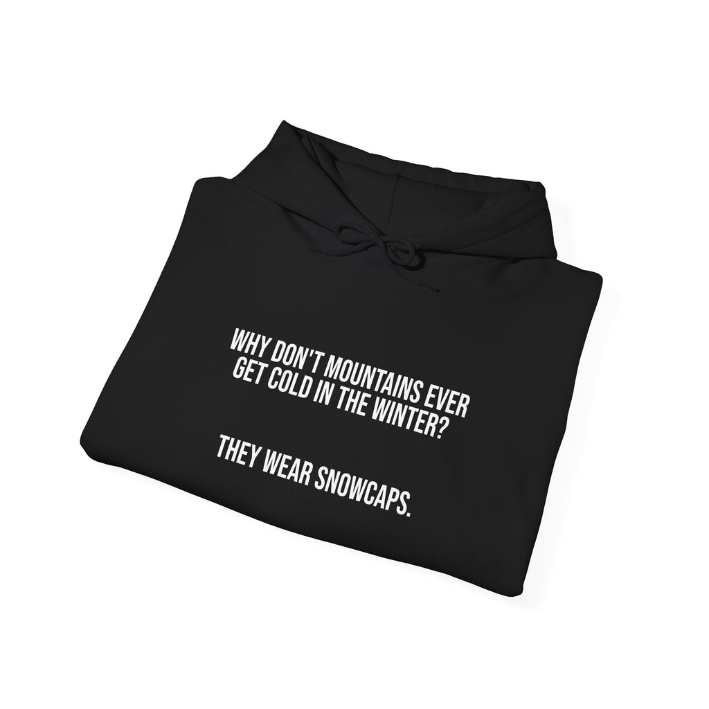 Hoodie — 'Why Don’t Mountains Ever Get Cold in the Winter? They Wear Snowcaps.' Funny Winter Pun Sweatshirt