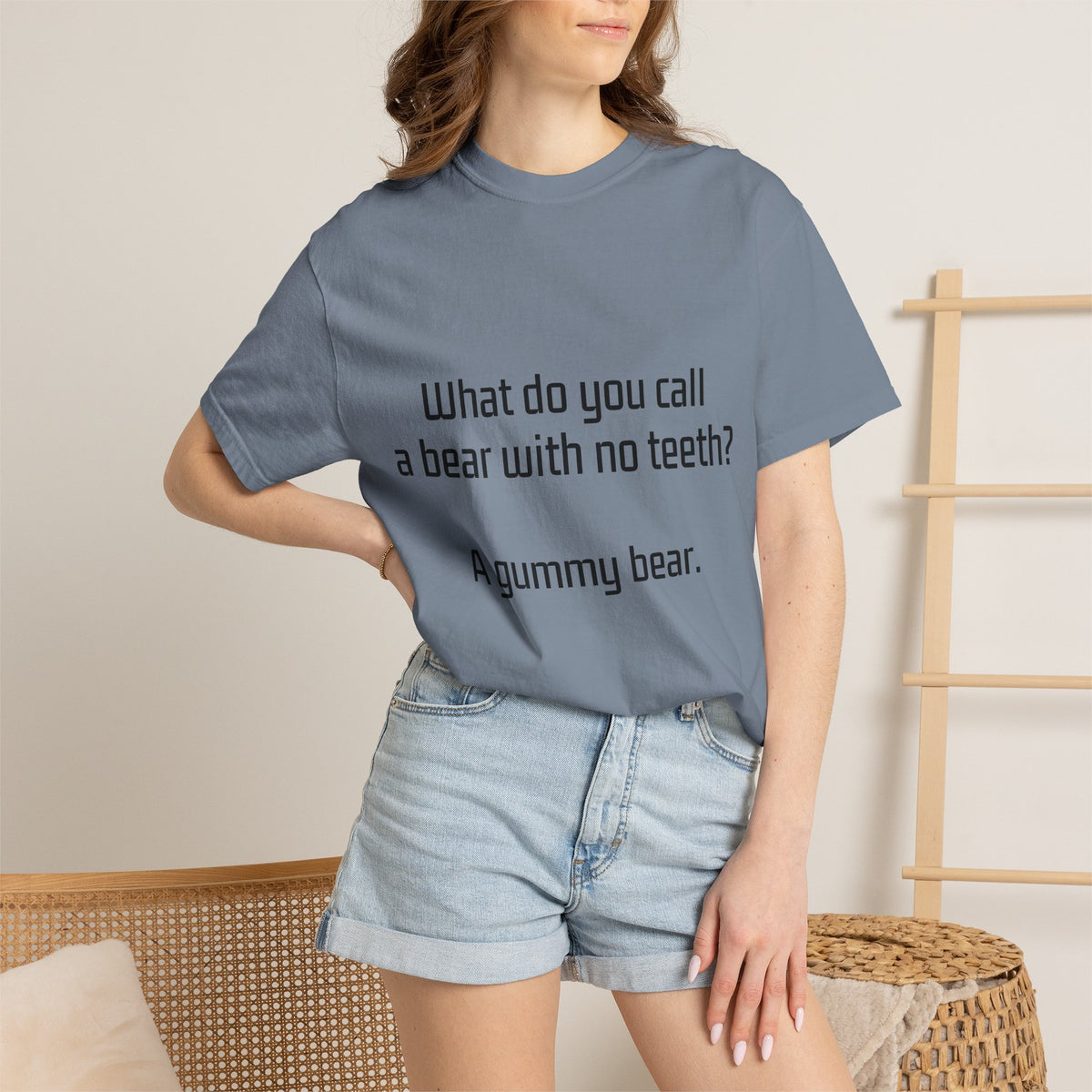 Gummy Bear Joke T-Shirt — "What do you call a bear with no teeth? A gummy bear."