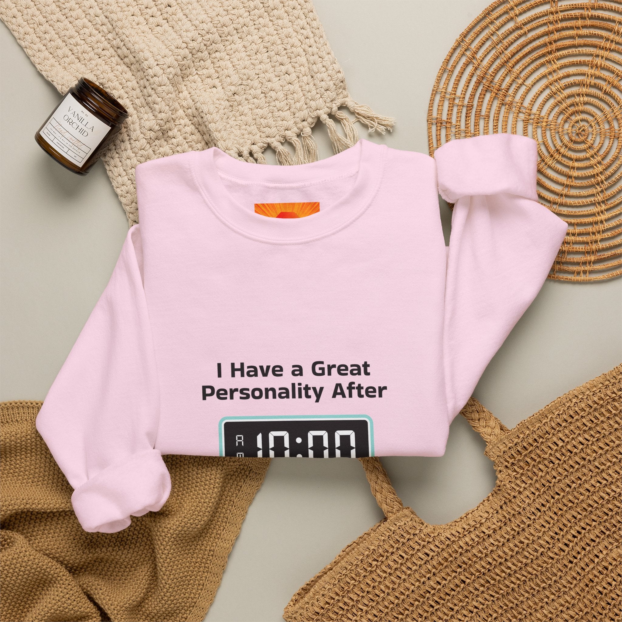 Crewneck Sweatshirt — “I Have a Great Personality After 10:00” Alarm Clock Graphic