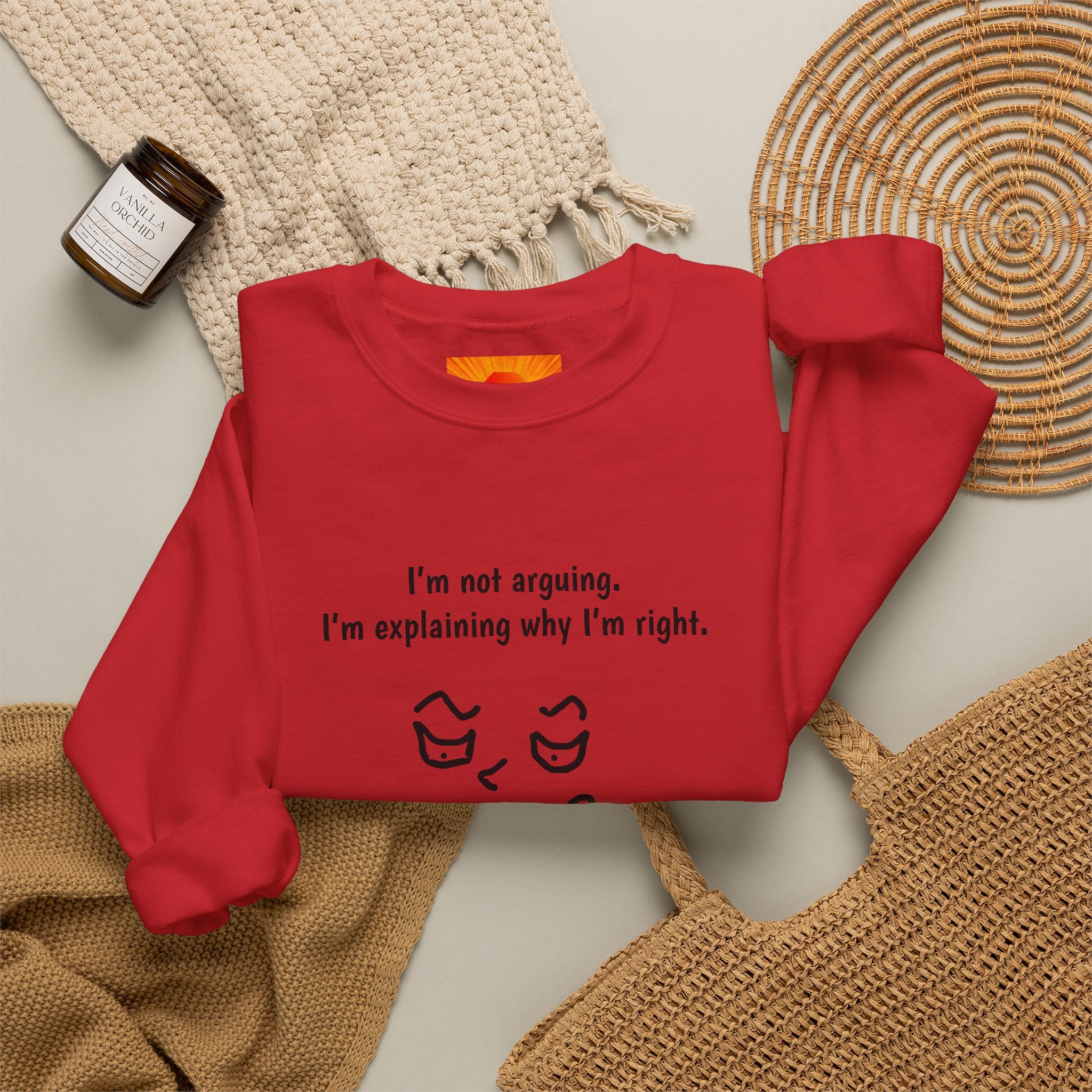 Crewneck Sweatshirt – "I'm not arguing. I'm explaining why I'm right." Minimal Face Graphic