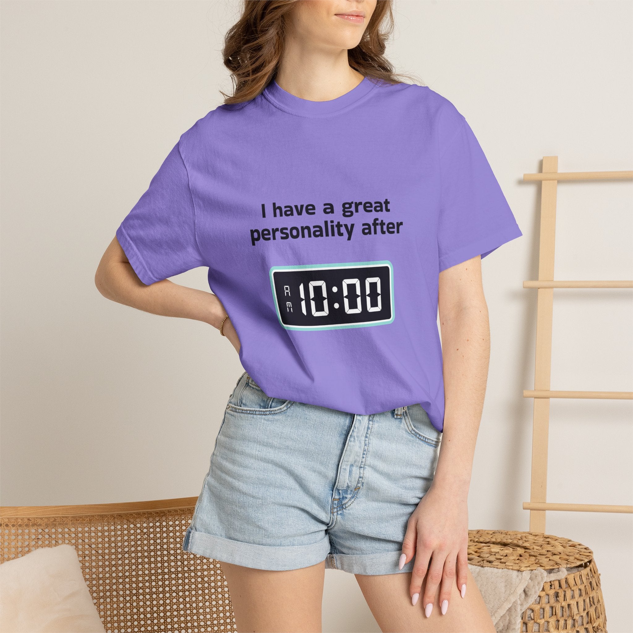 T-Shirt — "I Have a Great Personality After 10:00" Funny Morning Alarm Tee