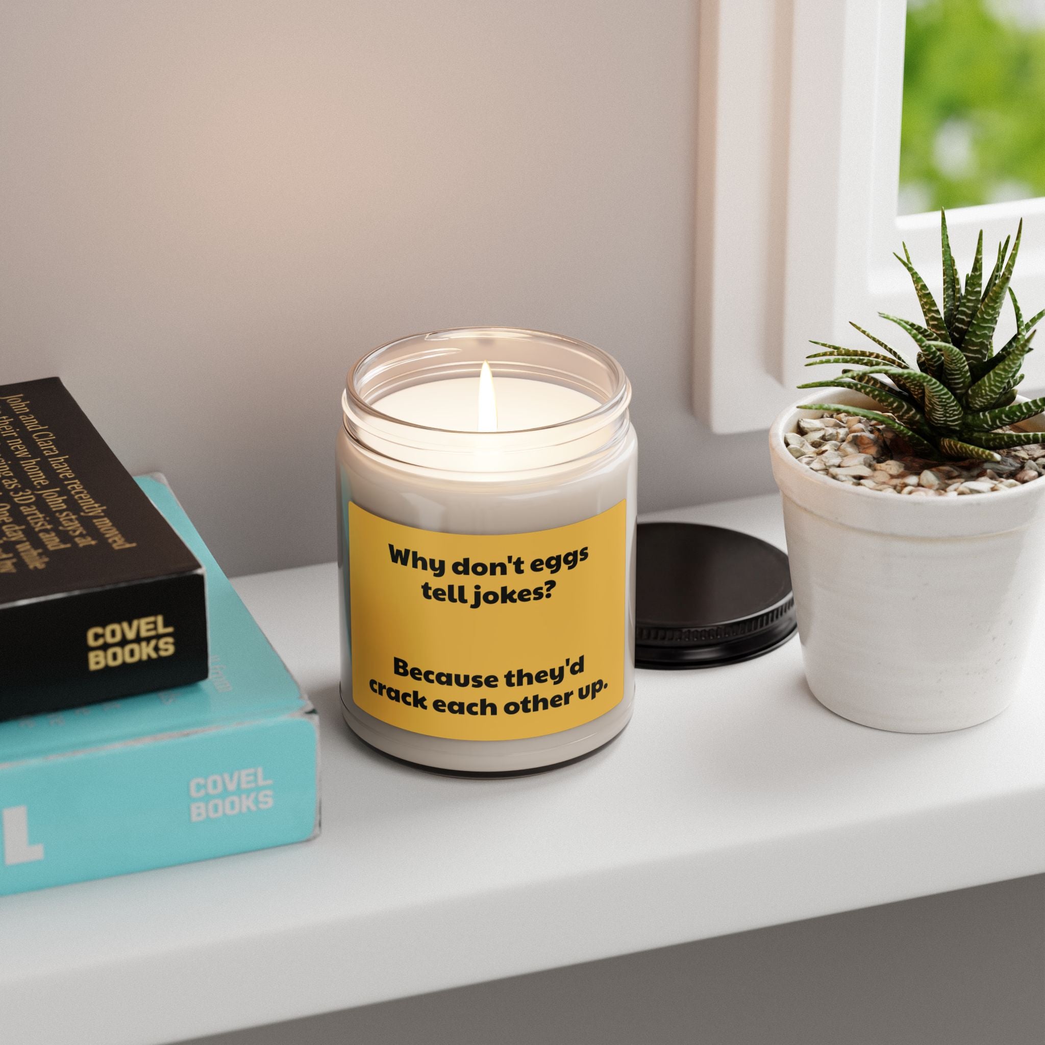 Funny Egg Joke Soy Candle — "Why don't eggs tell jokes? Because they'd crack each other up." 9oz