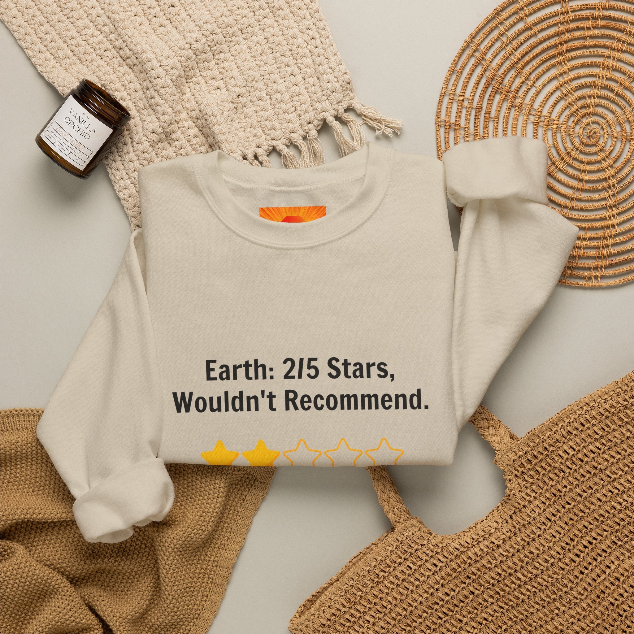 Crewneck Sweatshirt — "Earth: 2/5 Stars, Wouldn't Recommend" Funny Rating Graphic